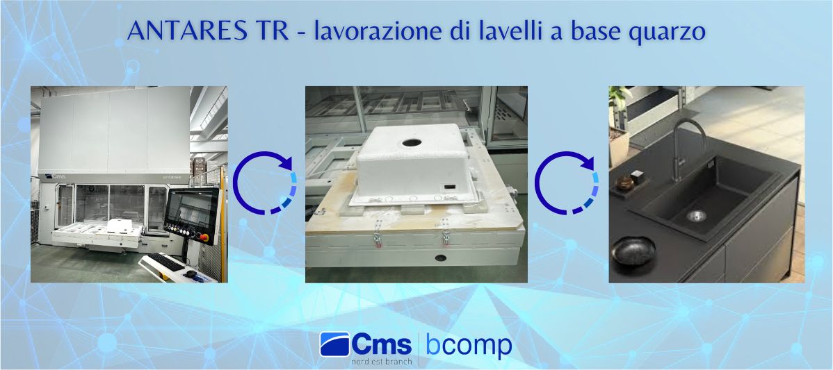 Antares TR è il centro di lavoro anche per il settore cucina e la lavorazione di lavelli a base quarzo.